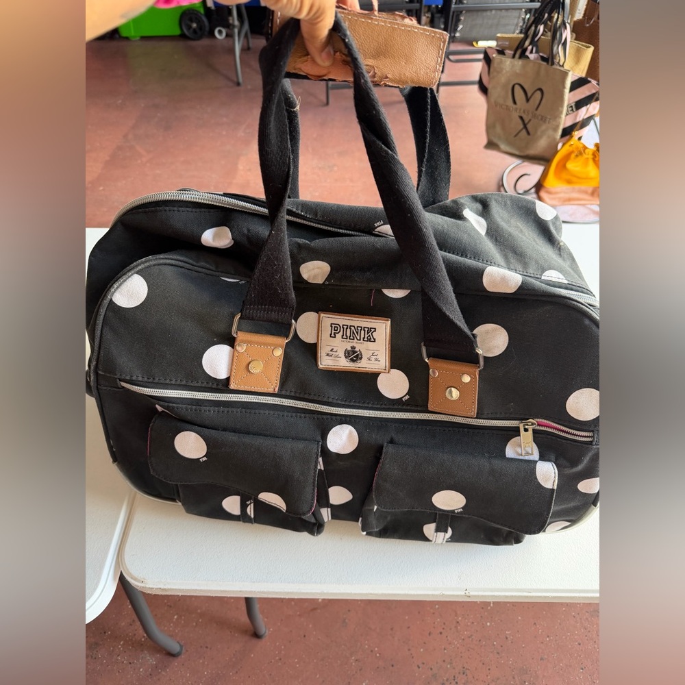 Y2K Vtg Pink Black Polka Dot rolling Duffel Bag